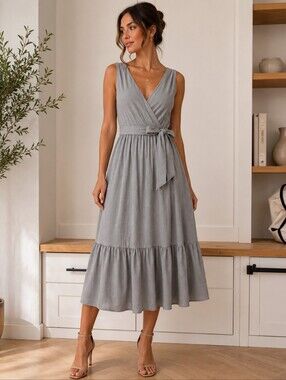 DKNY - NWOT Sleeveless Faux Wrap Midi Dress in Light Gray With Belt Tie